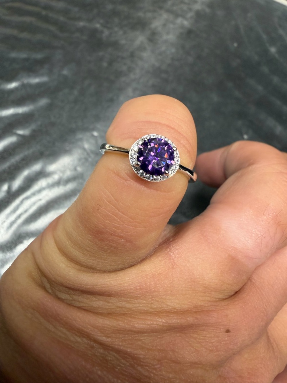 Sterling Silver Purple Halo Ring with Round Gem
